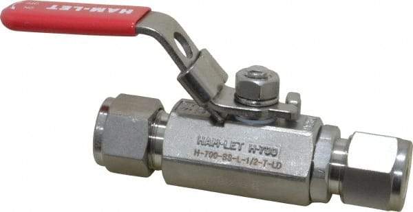 Ham-Let - 1/2" Pipe, Compression x Compression End Connections, Stainless Steel, Inline, Two Way Flow, Instrumentation Ball Valve - 2,000 psi WOG Rating, Locking Lever Handle, Reinforced PTFE Seal, Reinforced PTFE Seat - Best Tool & Supply