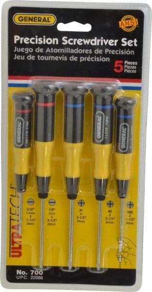 General - 5 Piece Phillips & Slotted Screwdriver Set - Electrician Shank, Plastic Handle, Blade Sizes: Length 1-1/2 & 2-1/2, Bit Sizes: Philips #00 to #1, Tip Thickness: 3/32 & 1/8 - Best Tool & Supply