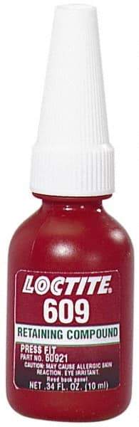 Loctite - 10 mL Bottle, Green, Medium Strength Liquid Retaining Compound - Series 609, 24 hr Full Cure Time, Heat Removal - Best Tool & Supply