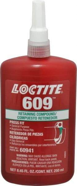 Loctite - 250 mL Bottle, Green, Medium Strength Liquid Retaining Compound - Series 609, 24 hr Full Cure Time, Heat Removal - Best Tool & Supply