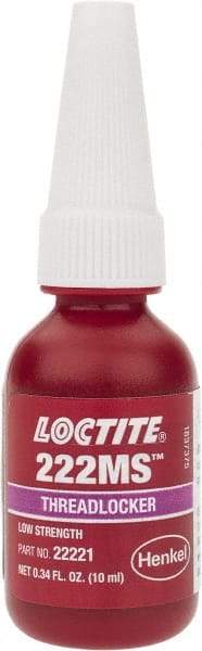 Loctite - 10 mL Bottle, Purple, Low Strength Liquid Threadlocker - Series 222MS, 24 hr Full Cure Time, Hand Tool Removal - Best Tool & Supply