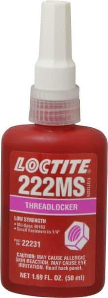 Loctite - 50 mL Bottle, Purple, Low Strength Liquid Threadlocker - Series 222MS, 24 hr Full Cure Time, Hand Tool, Heat Removal - Best Tool & Supply