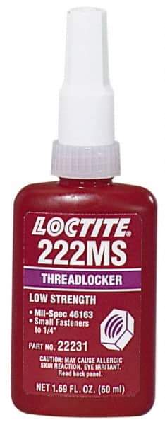 Loctite - 250 mL Bottle, Purple, Low Strength Liquid Threadlocker - Series 222MS, 24 hr Full Cure Time, Hand Tool, Heat Removal - Best Tool & Supply