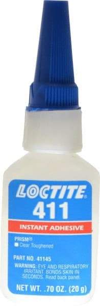 Loctite - 0.70 oz Bottle Clear Instant Adhesive - Series 411, 30 sec Fixture Time, 24 hr Full Cure Time, Bonds to Metal, Plastic & Rubber - Best Tool & Supply