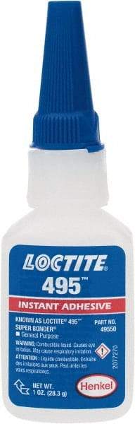 Loctite - 1 oz Bottle Clear Instant Adhesive - Series 495, 20 sec Fixture Time, 24 hr Full Cure Time, Bonds to Metal, Plastic & Rubber - Best Tool & Supply