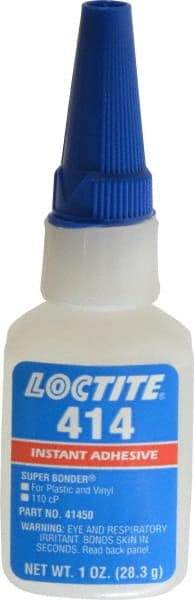 Loctite - 1 oz Bottle Clear Instant Adhesive - Series 414, 20 sec Fixture Time, 24 hr Full Cure Time, Bonds to Metal, Plastic & Rubber - Best Tool & Supply