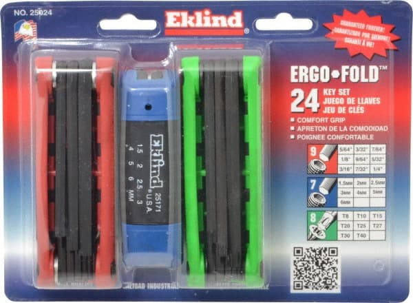 Eklind - 24 Piece T8 to T30 Steel Fold-Up Torx/Hex Combo Key Set - Exact Industrial Supply