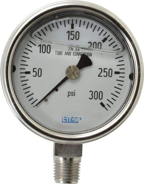 Wika - 2-1/2" Dial, 1/4 Thread, 0-300 Scale Range, Pressure Gauge - Lower Connection Mount, Accurate to 2-1-2% of Scale - Best Tool & Supply