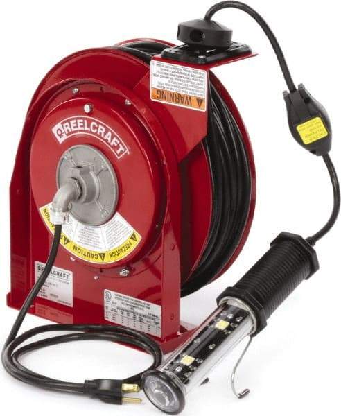 Reelcraft - 16 AWG, 50' Cable Length, Cord & Cable Reel with LED Light End - 1 Outlet, NEMA 5-15R, 13 Amps, 125 Volts, SJTOW Cable, Red Reel, Spring Driven Reel - Best Tool & Supply