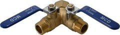 Midwest Control - 3/4 x 1" Pipe, Standard Port, Brass Standard Ball Valve - 2 Piece, Three Way, FNPT x MNPT x MNPT Ends, Lever Handle, 600 WOG, 150 WSP - Best Tool & Supply