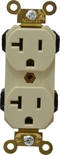 Leviton - 125 VAC, 20 Amp, 5-20R NEMA Configuration, Ivory, Industrial Grade, Self Grounding Duplex Receptacle - 1 Phase, 2 Poles, 3 Wire, Flush Mount, Impact and Tamper Resistant - Best Tool & Supply