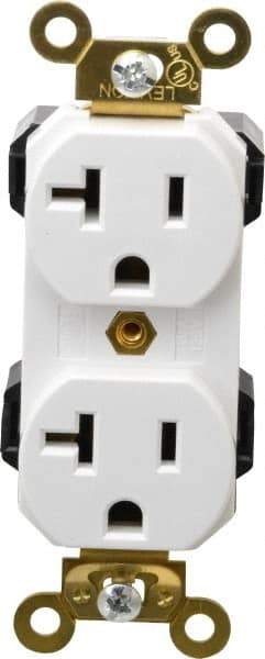 Leviton - 125 VAC, 20 Amp, 5-20R NEMA Configuration, White, Industrial Grade, Self Grounding Duplex Receptacle - 1 Phase, 2 Poles, 3 Wire, Flush Mount, Impact and Tamper Resistant - Best Tool & Supply