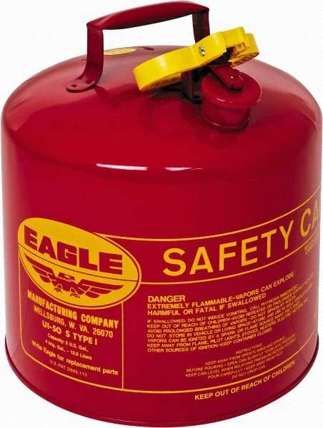 Eagle - 5 Gal Galvanized Steel Type I Safety Can - 13-1/2" High x 12-1/2" Diam, Red with Yellow - Best Tool & Supply