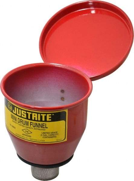 Justrite - 4-1/2" High x 4-1/2" Diam, Galvanized Steel, Manual Closing Pail Funnel with Flame Arrester - 1" Arrester/Tube Length, 5 Gal Drum/Pail Capacity - Best Tool & Supply