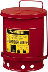 Justrite - 6 Gallon Capacity, Galvanized Steel Disposal Can - 11-7/8 Inch Wide/Diameter x 15-7/8 Inch High, Red, Foot Operated, Approved FM and UL - Best Tool & Supply