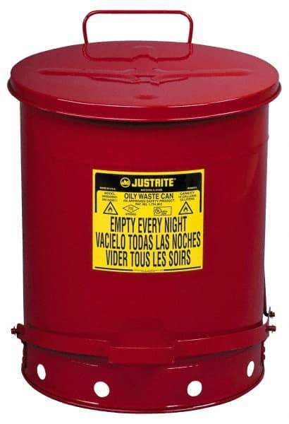 Justrite - 14 Gallon Capacity, Galvanized Steel Disposal Can - 16-1/16 Inch Wide/Diameter x 20-1/4 Inch High, Red, Foot Operated, Approved FM and UL - Best Tool & Supply