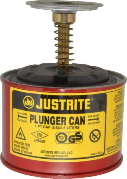 Justrite - 1 Pint Capacity, 5-1/4 Inch High x 4-7/8 Inch Diameter, Steel Plunger Can - 2-3/4 Inch Dasher Diameter, Red, Approval Listing/Regulation FM - Best Tool & Supply