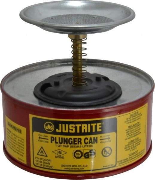 Justrite - 1 Quart Capacity, 5-5/8 Inch High x 7-1/4 Inch Diameter, Steel Plunger Can - 5 Inch Dasher Diameter, Red, Approval Listing/Regulation FM - Best Tool & Supply