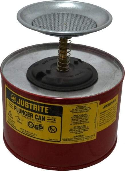 Justrite - 2 Quart Capacity, 7-3/8 Inch High x 7-1/4 Inch Diameter, Steel Plunger Can - 5 Inch Dasher Diameter, Red, Approval Listing/Regulation FM - Best Tool & Supply