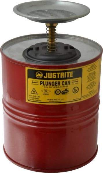 Justrite - 4 Quart Capacity, 10-1/2 Inch High x 7-1/4 Inch Diameter, Steel Plunger Can - 5 Inch Dasher Diameter, Red, Approval Listing/Regulation FM - Best Tool & Supply