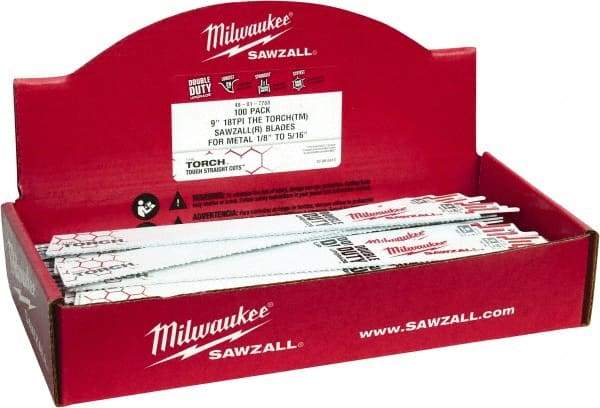 Milwaukee Tool - 9" Long x 1" Thick, Bi-Metal Reciprocating Saw Blade - Straight Profile, 18 TPI, Toothed Edge, Universal Shank - Best Tool & Supply