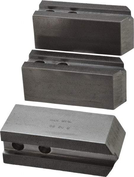 H & R Manufacturing - 1.5mm x 60° Serrated Attachment, Square Soft Lathe Chuck Jaw - 3 Jaws, Steel, 1.181" Btw Mount Hole Ctrs, 5" Long x 1-3/4" Wide x 2" High, 0.63" Groove, 12mm Fastener - Best Tool & Supply