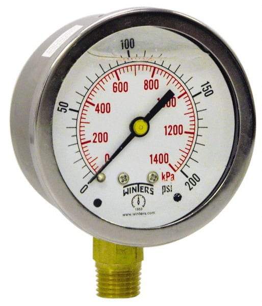 Winters - 2-1/2" Dial, 1/4 Thread, 0-1,000 Scale Range, Pressure Gauge - Lower Connection Mount, Accurate to 1.5% of Scale - Best Tool & Supply