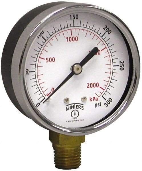 Winters - 2-1/2" Dial, 1/4 Thread, 0-300 Scale Range, Pressure Gauge - Lower Connection Mount, Accurate to 3-2-3% of Scale - Best Tool & Supply