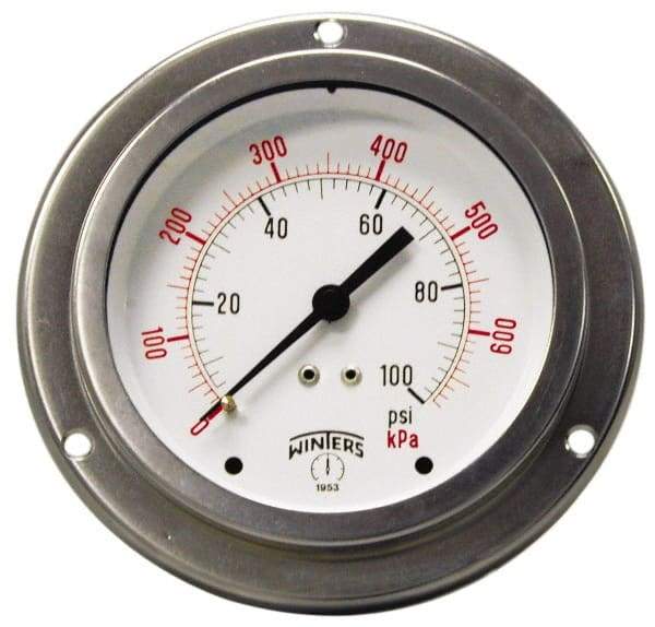 Winters - 2-1/2" Dial, 1/4 Thread, 0-600 Scale Range, Pressure Gauge - Front Flange Panel Mount, Center Back Connection Mount, Accurate to 1.5% of Scale - Best Tool & Supply