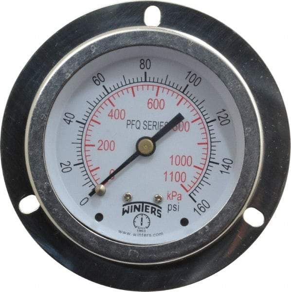 Winters - 2-1/2" Dial, 1/4 Thread, 0-160 Scale Range, Pressure Gauge - Front Flange Panel Mount, Center Back Connection Mount, Accurate to 1.5% of Scale - Best Tool & Supply