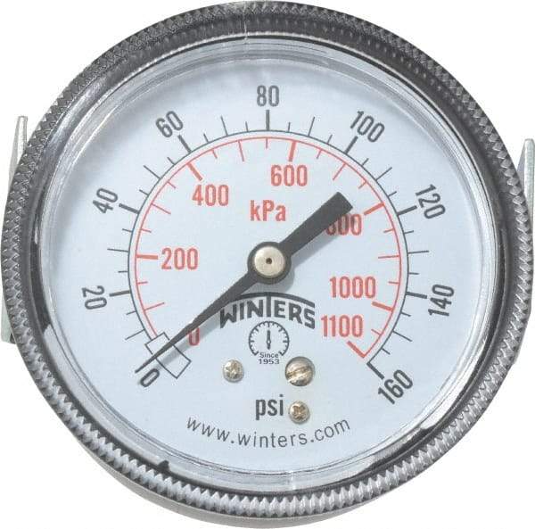 Winters - 2-1/2" Dial, 1/4 Thread, 0-160 Scale Range, Pressure Gauge - U-Clamp Panel Mount, Center Back Connection Mount, Accurate to 2.5% of Scale - Best Tool & Supply