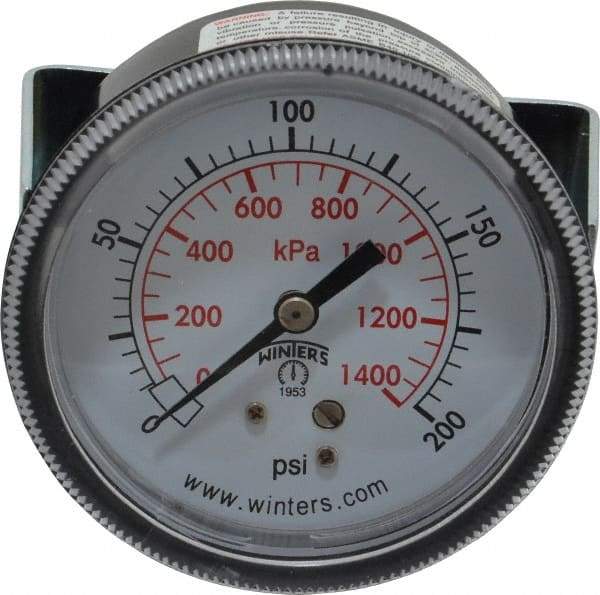 Winters - 2-1/2" Dial, 1/4 Thread, 0-200 Scale Range, Pressure Gauge - U-Clamp Panel Mount, Center Back Connection Mount, Accurate to 2.5% of Scale - Best Tool & Supply