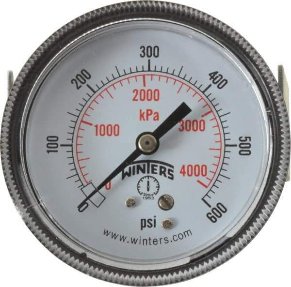 Winters - 2-1/2" Dial, 1/4 Thread, 0-600 Scale Range, Pressure Gauge - U-Clamp Panel Mount, Center Back Connection Mount, Accurate to 2.5% of Scale - Best Tool & Supply