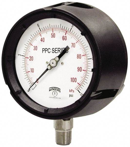 Winters - 4-1/2" Dial, 1/2 Thread, 0-10,000 Scale Range, Pressure Gauge - Lower Connection Mount, Accurate to 0.5% of Scale - Best Tool & Supply