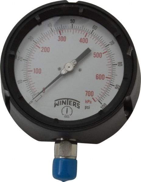 Winters - 4-1/2" Dial, 1/2 Thread, 0-100 Scale Range, Pressure Gauge - Lower Connection Mount, Accurate to 0.5% of Scale - Best Tool & Supply