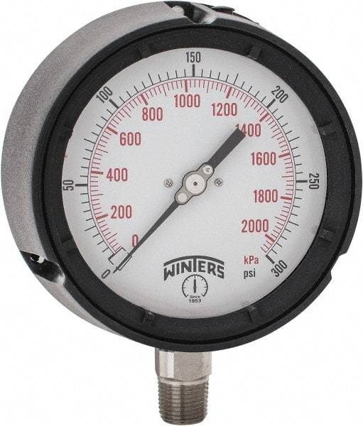 Winters - 4-1/2" Dial, 1/2 Thread, 0-300 Scale Range, Pressure Gauge - Lower Connection Mount, Accurate to 0.5% of Scale - Best Tool & Supply