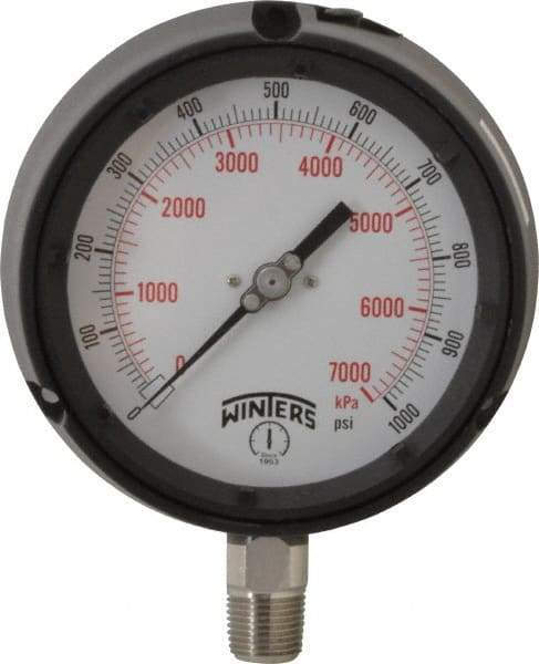 Winters - 4-1/2" Dial, 1/2 Thread, 0-1,000 Scale Range, Pressure Gauge - Lower Connection Mount, Accurate to 0.5% of Scale - Best Tool & Supply