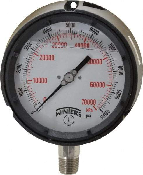 Winters - 4-1/2" Dial, 1/2 Thread, 0-10,000 Scale Range, Pressure Gauge - Lower Connection Mount, Accurate to 0.5% of Scale - Best Tool & Supply