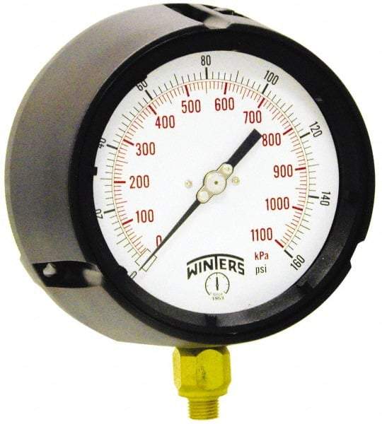 Winters - 4-1/2" Dial, 1/4 Thread, 0-200 Scale Range, Pressure Gauge - Lower Connection Mount, Accurate to 0.5% of Scale - Best Tool & Supply