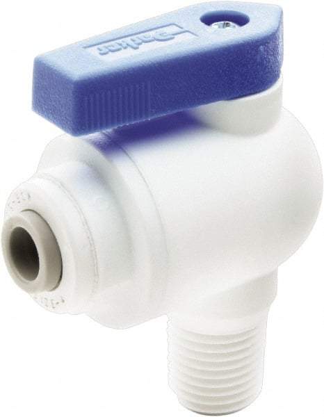 Parker - 1/4" Pipe, Full Port, Polypropylene Valve Male Elbow Ball Valve - Bi-Directional, MNPT x Push-to-Connect Ends, Wedge Handle, 150 WOG - Best Tool & Supply