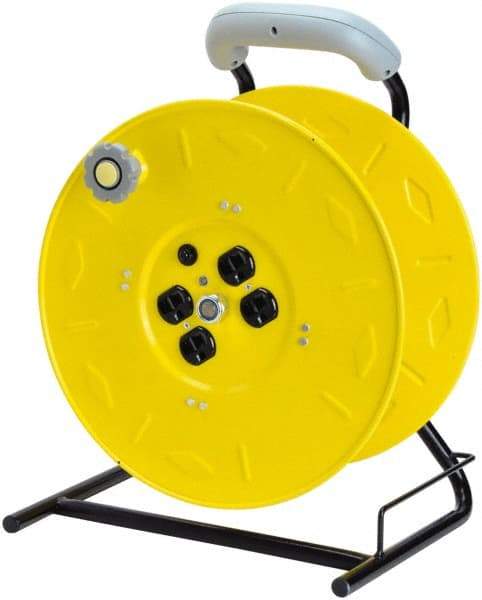 Value Collection - 12 AWG, 100' Cable Length, Cord & Cable Reel with Outlet End, No Cable - 4 Outlets, NEMA 5-15R, 15 Amps, 125 Volts, SO Cable, Yellow Reel, Hand Crank Reel - Best Tool & Supply