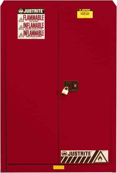 Justrite - 2 Door, 5 Shelf, Red Steel Standard Safety Cabinet for Flammable and Combustible Liquids - 65" High x 43" Wide x 18" Deep, Self Closing Door, 3 Point Key Lock, 60 Gal Capacity - Best Tool & Supply