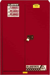 Justrite - 2 Door, 5 Shelf, Red Steel Standard Safety Cabinet for Flammable and Combustible Liquids - 65" High x 43" Wide x 18" Deep, Self Closing Door, 3 Point Key Lock, 60 Gal Capacity - Best Tool & Supply