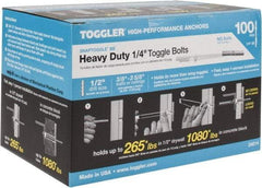 Toggler - 1/4" Screw, 6-1/4" Long, 3/8 to 3-5/8" Thick, Toggle Bolt Drywall & Hollow Wall Anchor - 1/4 - 20" Thread, 1/2" Drill, Zinc Plated, Steel, Grade 1010, Use in Drywall - Best Tool & Supply