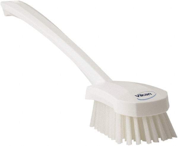 Vikan - 1.3" Bristle Length, Polyester Scrub Brush - 4" Long x 2-3/4" Wide Head, 15-3/4" OAL, White, Polypropylene Block - Best Tool & Supply