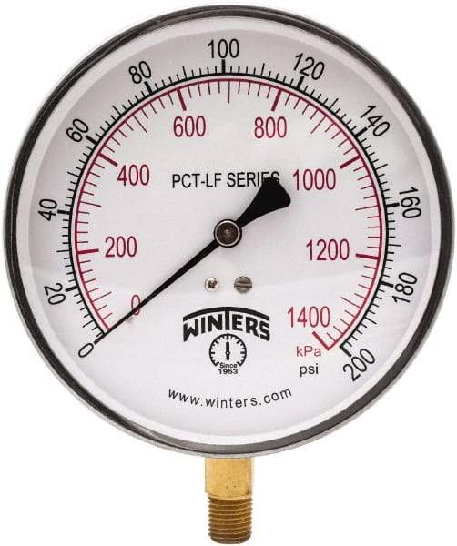 Winters - 4-1/2" Dial, 1/4 Thread, 0-200 Scale Range, Pressure Gauge - Lower Connection Mount, Accurate to 0.01% of Scale - Best Tool & Supply