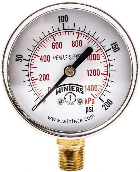 Winters - 2-1/2" Dial, 1/4 Thread, 0-200 Scale Range, Pressure Gauge - Lower Connection Mount, Accurate to 3-2-3% of Scale - Best Tool & Supply