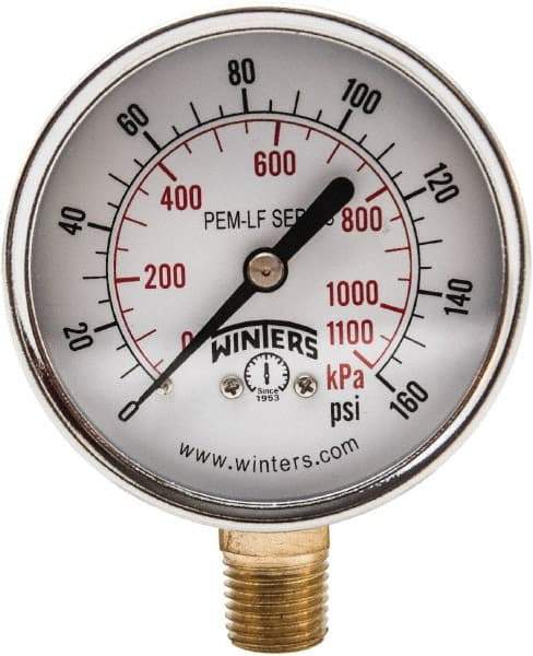 Winters - 2-1/2" Dial, 1/4 Thread, 0-160 Scale Range, Pressure Gauge - Lower Connection Mount, Accurate to 3-2-3% of Scale - Best Tool & Supply