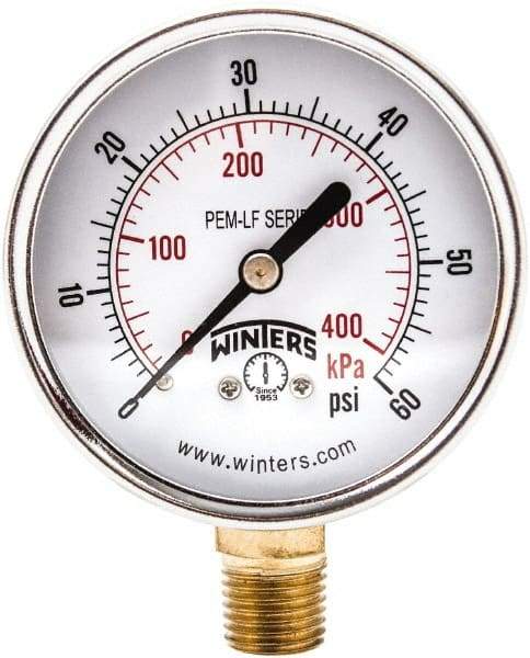 Winters - 2-1/2" Dial, 1/4 Thread, 0-60 Scale Range, Pressure Gauge - Lower Connection Mount, Accurate to 3-2-3% of Scale - Best Tool & Supply