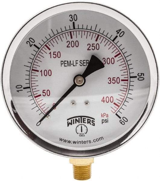 Winters - 4" Dial, 1/4 Thread, 0-60 Scale Range, Pressure Gauge - Lower Connection Mount, Accurate to 3-2-3% of Scale - Best Tool & Supply